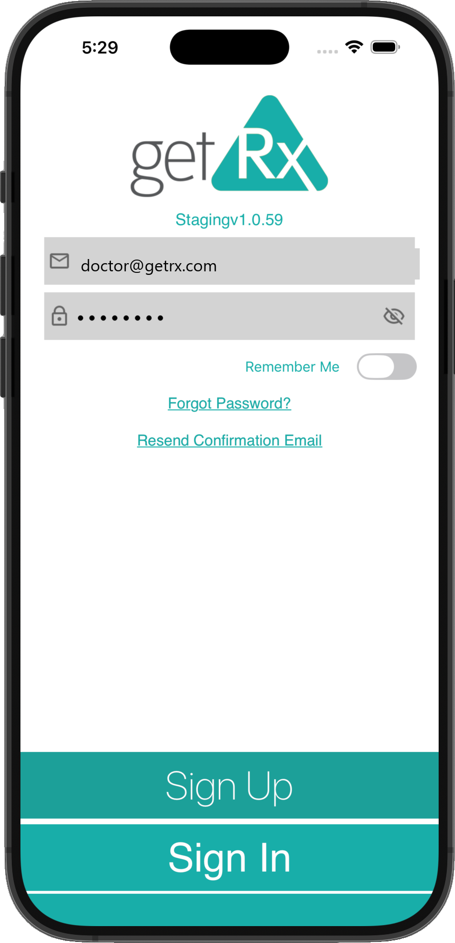 getRx login screen