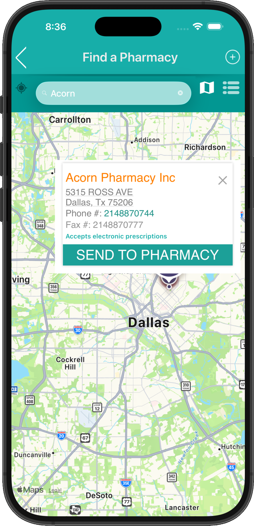 getRx, pick a pharmacy from the map for an EPCS prescription